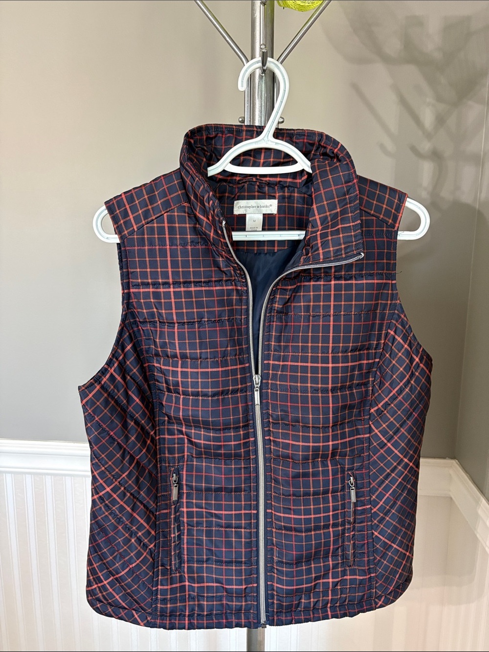 Christopher & Banks Navy Vest with Red Windowpane Plaid